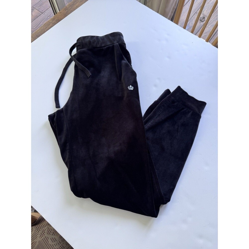 Y2K juicy couture Black velvet joggers Size S Silver Crown Pockets Drawstring